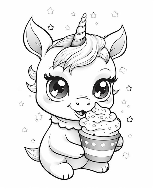 Photo une licorne de dessin animé mangeant un cupcake avec des étoiles autour ai générative