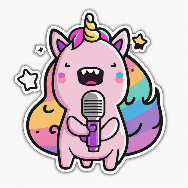 licorne de dessin animé avec microphone et étoiles autocollant génératif ai