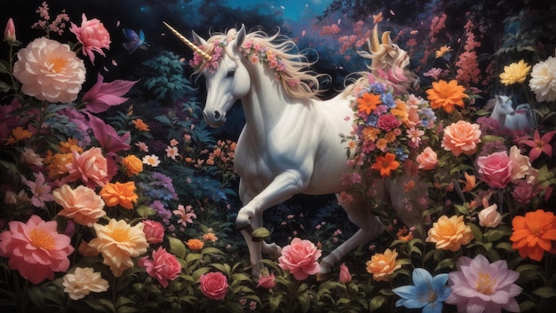 Licorne et fleurs sur noir