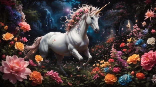 Licorne et fleurs sur noir