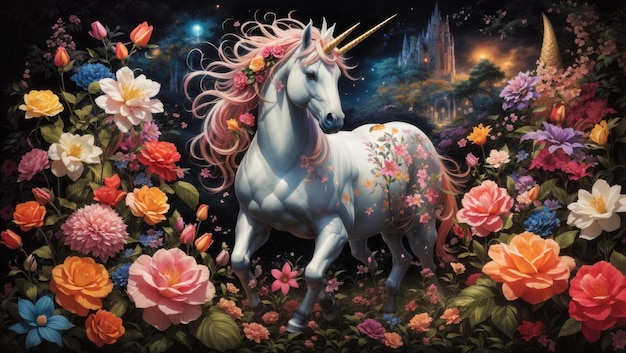 Licorne et fleurs sur noir