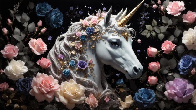 Licorne et fleurs sur noir