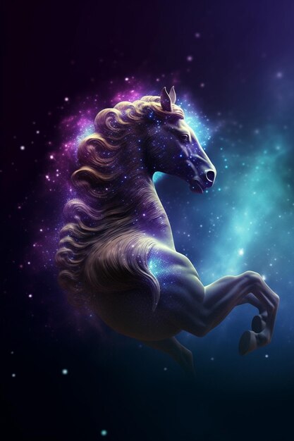 Une licorne avec un fond violet et le mot galaxie dessus.