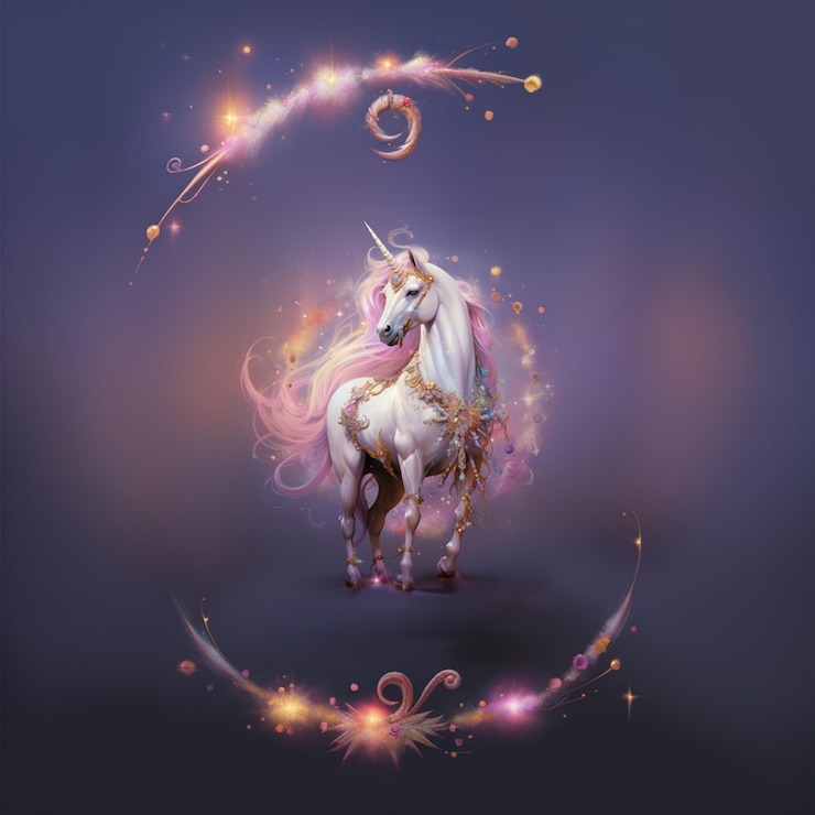 Photo licorne avec une longue crinière et une étoile en arrière-plan