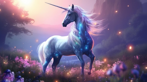 Une licorne avec des lumières sur la crinière et la corne