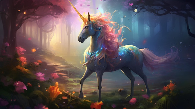 Photo une licorne magique dans un champ de fleurs enchanteur et magique