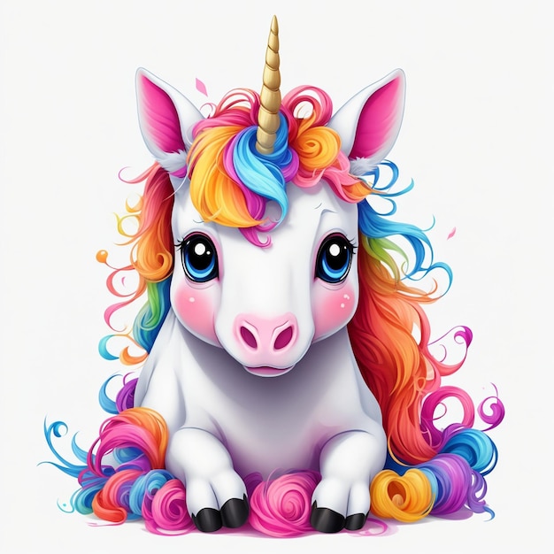 Licorne mignonne aux cheveux colorés isolé sur fond blanc