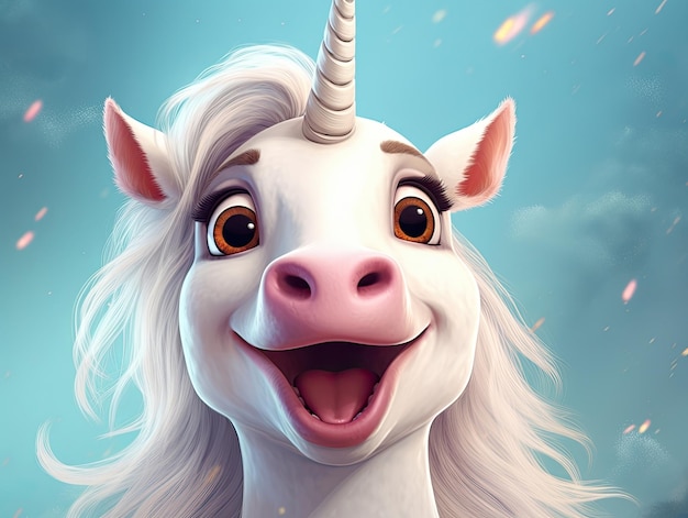 Photo une licorne mignonne et heureuse avec les yeux grands ouverts en style dessin animé