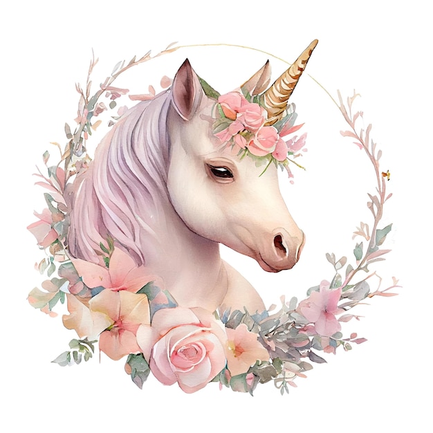 Licorne mignonne avec illustration aquarelle de couronne de fleurs roses isolée sur blanc IA générative