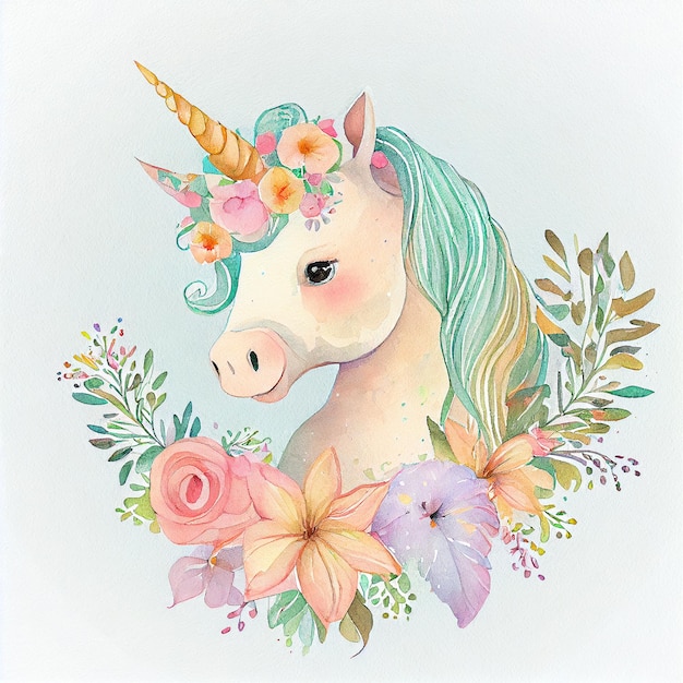 Licorne mignonne de peinture d'aquarelle avec des fleurs Illustration Generative AI