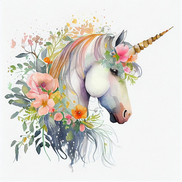 Licorne mignonne de peinture d'aquarelle avec des fleurs Illustration Generative AI