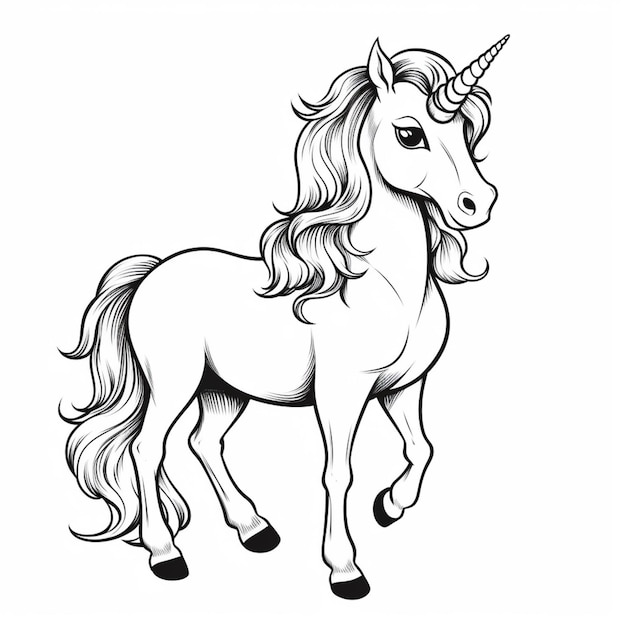 Une licorne noire et blanche avec une longue crinière et une longue queue.