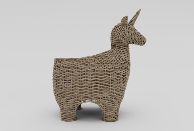 Photo licorne panier en bambou en osier avec tissu rendu 3d minimal sur fond blanc