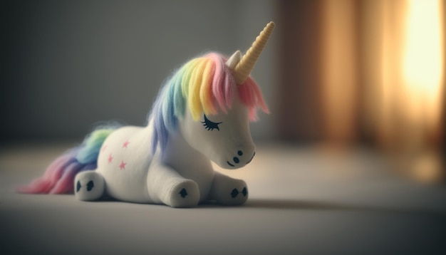 Licorne en peluche mignonne assise flou d'arrière-plan d'éclairage doux et chaud