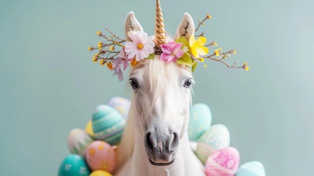 Photo licorne portant une belle couronne de pâques avec des fleurs de printemps, des feuilles et des brindilles et des rubans ou des fils colorés pour un flair supplémentaire avec des œufs de pâque décorés