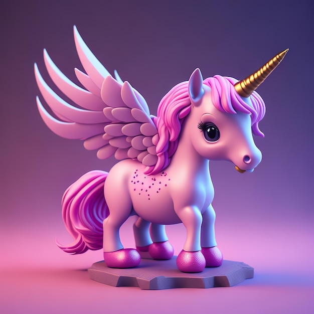 Une licorne rose avec des ailes et une queue rose est sur un fond rose.