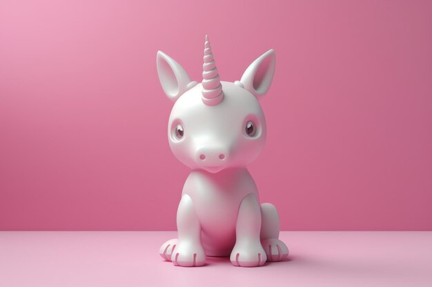 Une licorne rose est assise sur un fond rose.