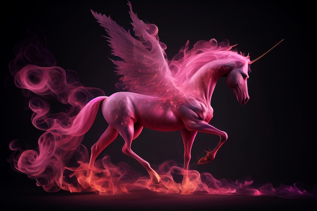 Licorne rose magique fièrement debout en flammes sur fond noir