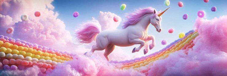 Photo une licorne sautant sur un arc-en-ciel fait de jellybeans avec des nuages en forme de coton sucré