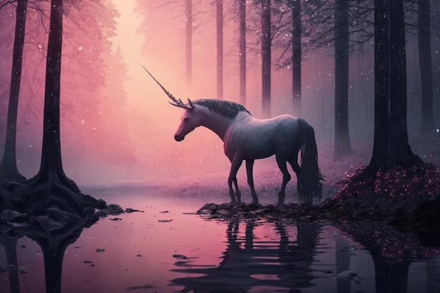 Une licorne se dresse dans une forêt avec un fond rose.