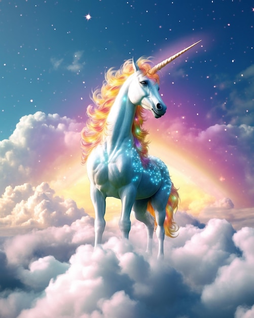 Photo la licorne se tient sur un nuage avec un arc-en-ciel dans le ciel.