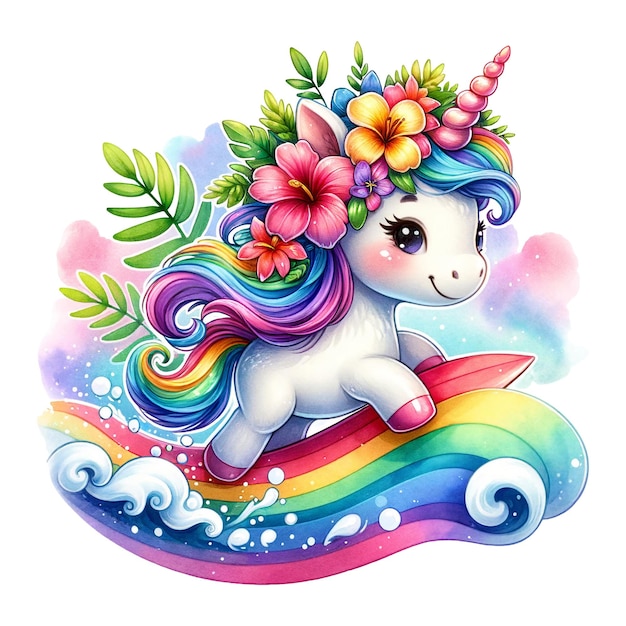 Une licorne surfeuse avec une crinière florale chevauche une vague arc-en-ciel vibrante