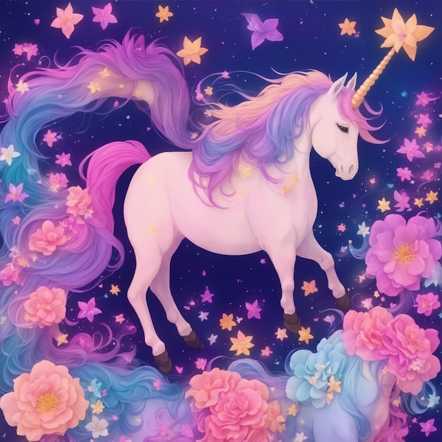 La licorne avec une variété de coeurs et d'étoiles de fleurs colorées