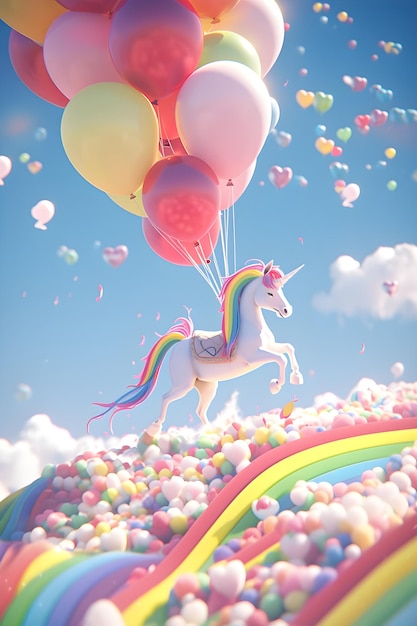 Une licorne volant sur un ballon arc-en-ciel