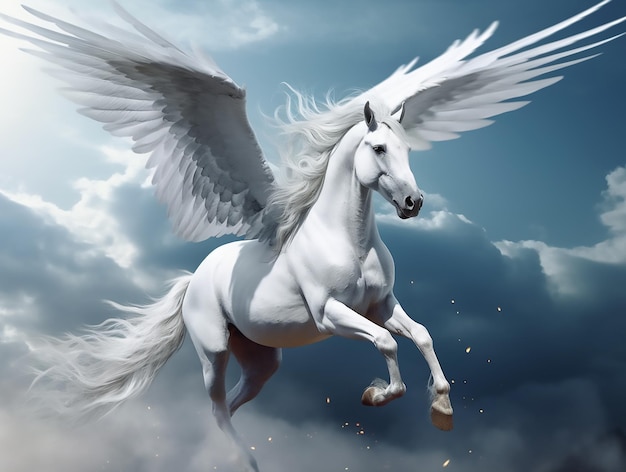 Une licorne volante à l'aile droite a des ailes blanches pures avec une petite queue grise.