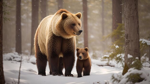 Lien d'amour Une mère ours brun et son petit s'embrassent dans la forêt enneigée