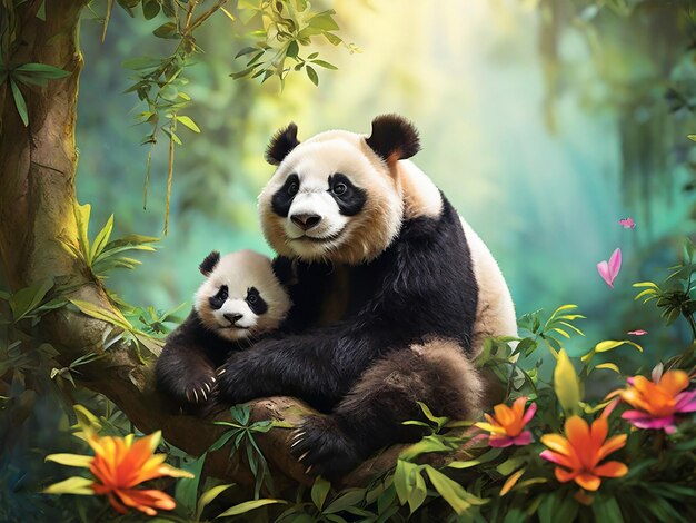 Le lien entre la mère et l'enfant panda crée un beau sentiment d'amour pour le panda.