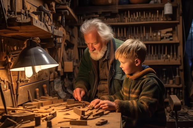 Un lien réconfortant entre un grand-père et un petit-fils dans leur atelier confortable alors qu'ils fabriquent ensemble un avion en bois AI générative