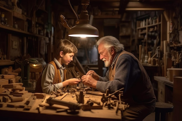 Un lien réconfortant entre un grand-père et un petit-fils dans leur atelier confortable alors qu'ils fabriquent ensemble un avion en bois AI générative