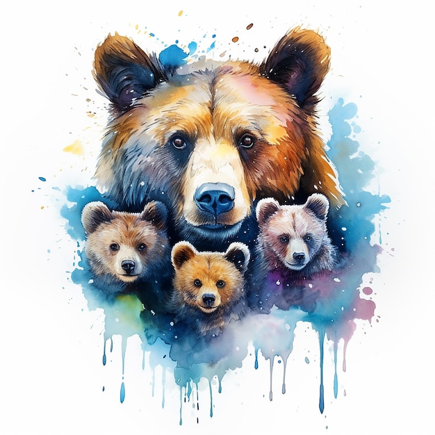Des liens familiaux Design de tatouage d'ours à aquarelle avec deux petits