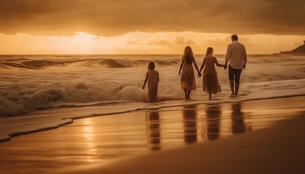 Liens familiaux sur la plage au coucher du soleil générés par l'IA