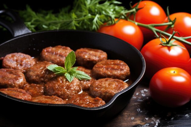 Liens de saucisses grésillantes à côté de tomates coupées en deux