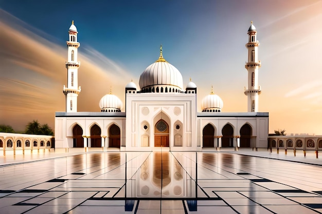Photo lieu de culte islamique avec un reflet d'une mosquée.