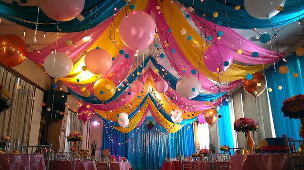 Un lieu de fête magnifiquement décoré avec des ballons colorés, des bandes et des lumières, la salle est aménagée avec des tables et des chaises pour les invités.