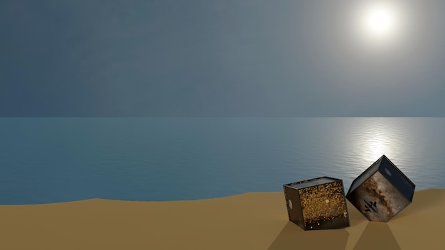 Lieu mixte dans une boîte de rêve sur une plage de sable avec fond de ciel de lever de soleil (rendu 3D)