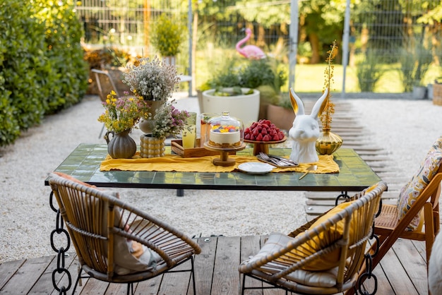 Lieu de restauration confortable sur une terrasse en bois à l'arrière-cour