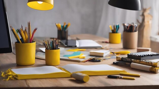 Un lieu de travail créatif pour l'inspiration avec des accessoires d'écriture jaunes