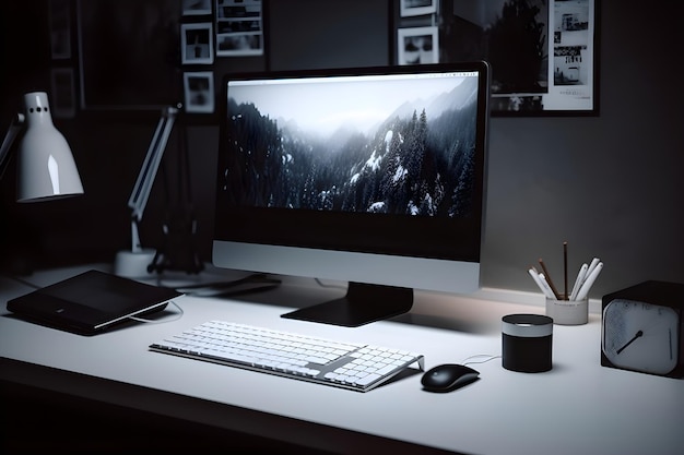 lieu de travail dans le bureau avec un ordinateur sur la table noir et blanc