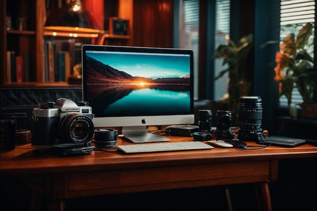 Le lieu de travail du photographe sur fond blanc Laptop moderne caméra numérique batterensmartphone