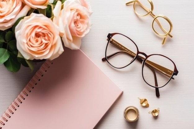 Lieu de travail femmes accessoires lunettes fleurs rose plat poser IA générative