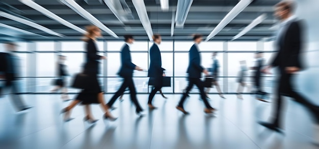 Lieu de travail lumineux avec des personnes marchant en mouvement flou dans un espace de bureau moderne