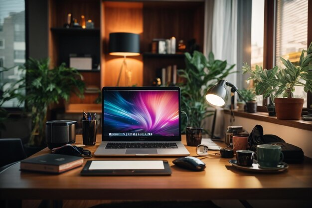 lieu de travail moderne et confortable à la maison il y a un ordinateur et un ordinateur portable sur la table