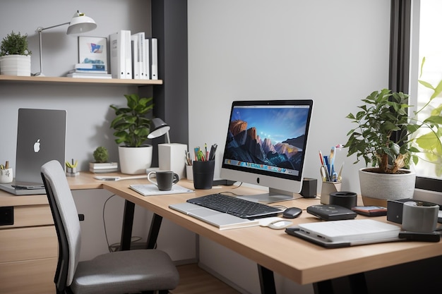 lieu de travail moderne et confortable à la maison il y a un ordinateur et un ordinateur portable sur la table