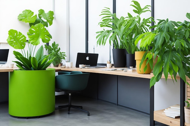 Lieu de travail moderne dans une pièce décorée de plantes vertes en pot