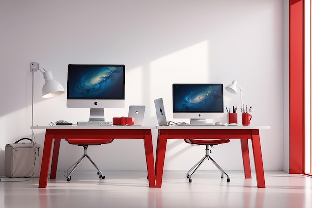 Lieu de travail moderne avec deux ordinateurs portables sur une table rouge contre un mur blanc