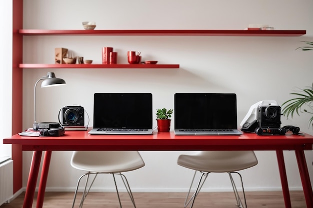 Photo lieu de travail moderne avec deux ordinateurs portables sur une table rouge contre un mur blanc